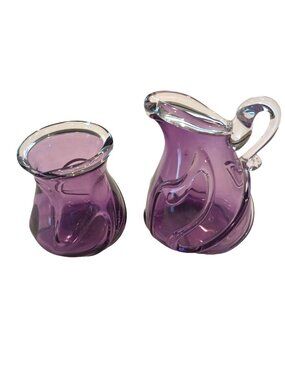 Vintage Sugar and Creamer Purple Amethyst Glass Hand Blown Swirled  SIGNED